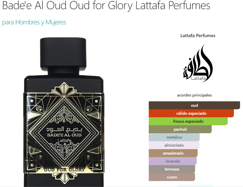 Bade'e Al Oud Oud for Glory Lattafa Perfumes para Hombres y Mujeres
